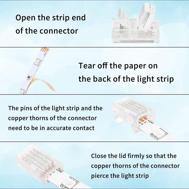 Alt view image 5 of 7 - 20 Pack 4 Pin 10mm LED Strip Connectors Solderless with 16.4ft Extension Cable 4 Conductor for Waterproof or Non-Waterproof 10mm Wide 4 Pin RGB LED Strip Lights