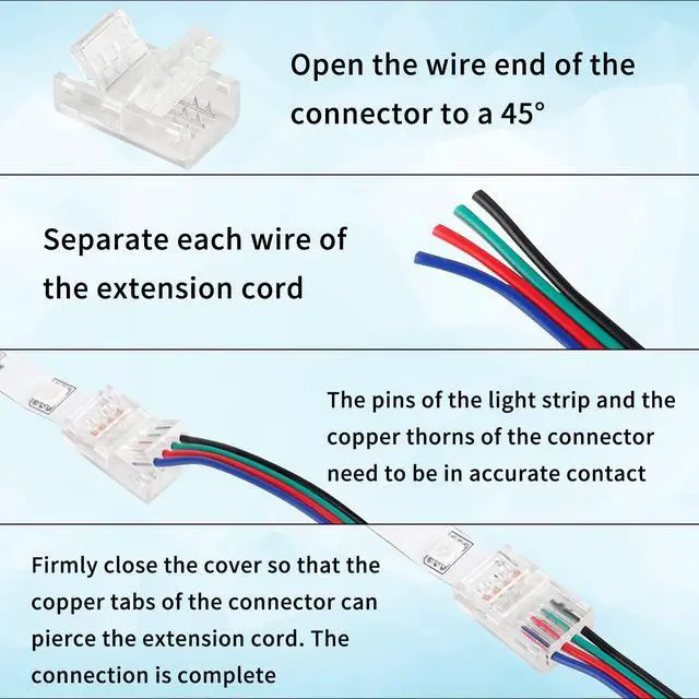 Alt view image 6 of 7 - 20 Pack 4 Pin 10mm LED Strip Connectors Solderless with 16.4ft Extension Cable 4 Conductor for Waterproof or Non-Waterproof 10mm Wide 4 Pin RGB LED Strip Lights