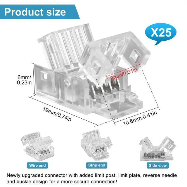 Alt view image 2 of 7 - 25Pcs 4 Pin 8mm LED Strip Connectors Gapless Solderless LED Strip to Wire Quick Connection for 8mm Wide 5050/3528 SMD RGB LED Strip Light