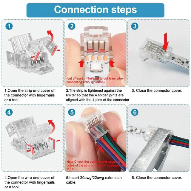Alt view image 5 of 7 - 25Pcs 4 Pin 8mm LED Strip Connectors Gapless Solderless LED Strip to Wire Quick Connection for 8mm Wide 5050/3528 SMD RGB LED Strip Light