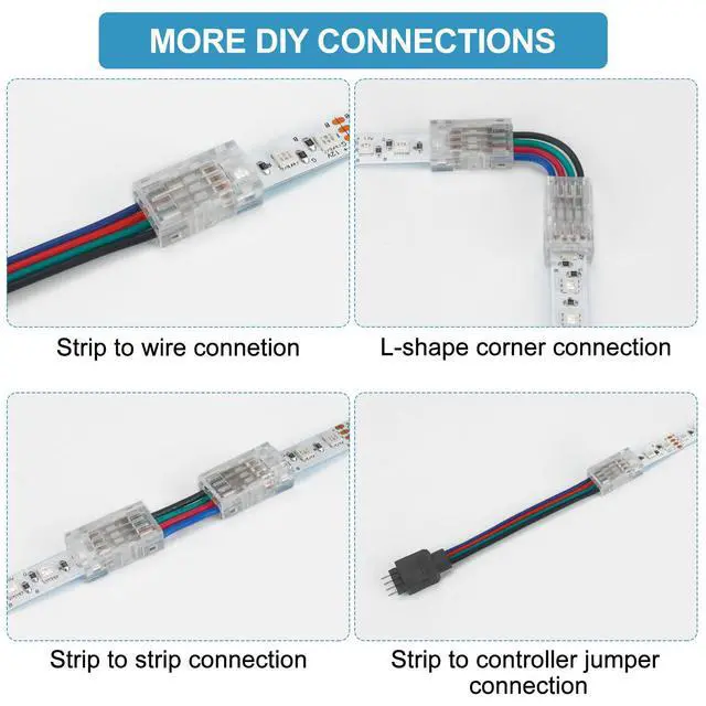 Alt view image 6 of 7 - 25Pcs 4 Pin 8mm LED Strip Connectors Gapless Solderless LED Strip to Wire Quick Connection for 8mm Wide 5050/3528 SMD RGB LED Strip Light