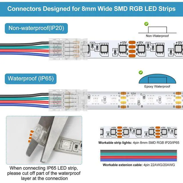 Alt view image 4 of 7 - 25Pcs 4 Pin 8mm LED Strip Connectors Gapless Solderless LED Strip to Wire Quick Connection for 8mm Wide 5050/3528 SMD RGB LED Strip Light
