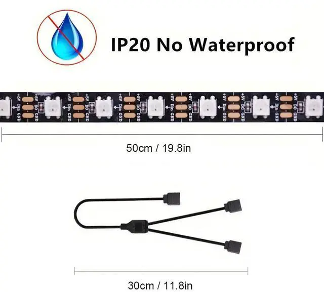 Alt view image 5 of 6 - RGB Strip Light for PC Case, 2x19.7in 60LEDs Addressable LED Strip for Motherboard 5V 3-Pin Header Gaming Case DIY Lighting