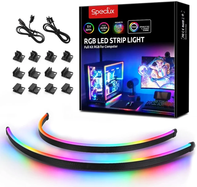 Main image of NEON Addressable RGB PC LED Strip, 2x15.7inch WS2812 RGB Rainbow Magnetic ARGB Strip for 5V 3-pin Aura SYNC, Gigabyte RGB Fusion,Mystic Light Sync, with 12pcs Strong Magnetic Brackets