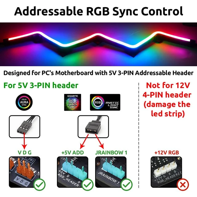 Alt view image 5 of 7 - NEON Addressable RGB PC LED Strip, 2x15.7inch WS2812 RGB Rainbow Magnetic ARGB Strip for 5V 3-pin Aura SYNC, Gigabyte RGB Fusion,Mystic Light Sync, with 12pcs Strong Magnetic Brackets