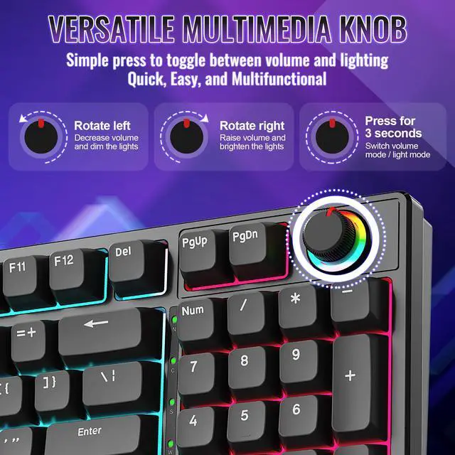 Alt view image 3 of 7 - Mechanical Gaming Keyboard with Red Switches: 98 Keys PC Gaming Keyboard with BacklitMulti-Function Volume & Lighting Knob,Anti-Ghosting Wired USB keybaord for Elite PC/Mac Gamers