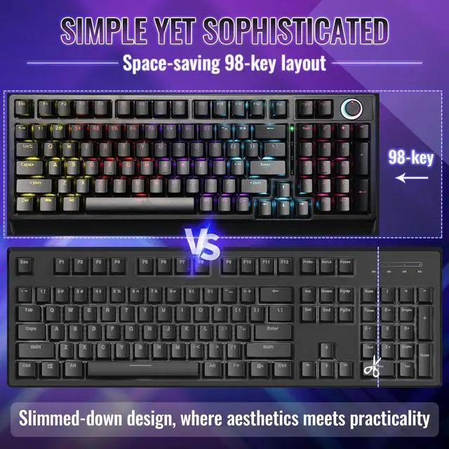 Alt view image 7 of 7 - Mechanical Gaming Keyboard with Red Switches: 98 Keys PC Gaming Keyboard with BacklitMulti-Function Volume & Lighting Knob,Anti-Ghosting Wired USB keybaord for Elite PC/Mac Gamers