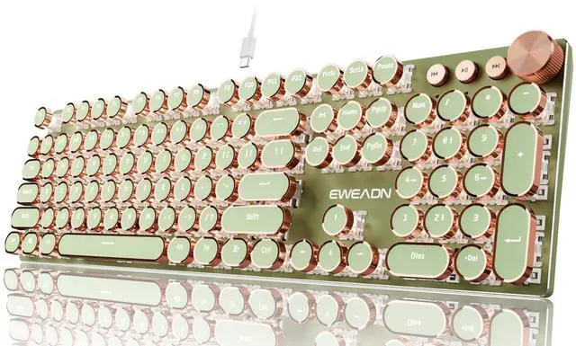 Main image of Wired Typewriter Mechanical Keyboard, Low Noise Pink Switch Retro Punk Keyboard with Media Knob, White Backlit, Metal Panel, 104-Key Round Keycaps Cute Keyboard for Windows PC - Green