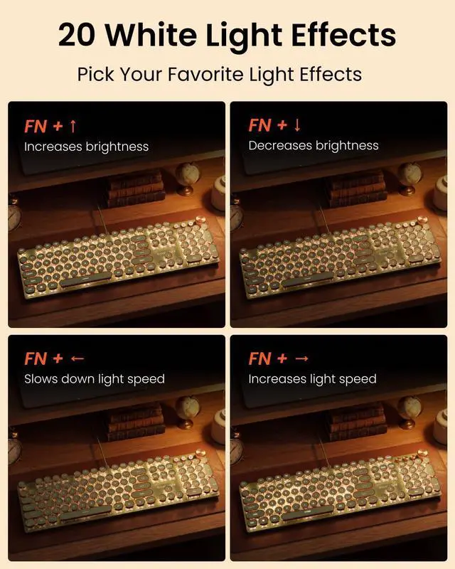 Alt view image 6 of 7 - Wired Typewriter Mechanical Keyboard, Low Noise Pink Switch Retro Punk Keyboard with Media Knob, White Backlit, Metal Panel, 104-Key Round Keycaps Cute Keyboard for Windows PC - Green