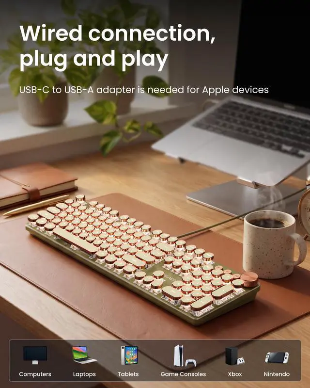Alt view image 7 of 7 - Wired Typewriter Mechanical Keyboard, Low Noise Pink Switch Retro Punk Keyboard with Media Knob, White Backlit, Metal Panel, 104-Key Round Keycaps Cute Keyboard for Windows PC - Green