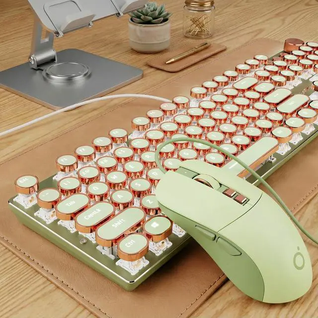 Main image of Wired Typewriter Keyboard and Mouse Combo, Typewriter Style Mechanical Keyboard,104 Keys Backlit LED Keyboards, Media Control Knob, Wired Keyboard Pink Switch for Windows/PC-Green