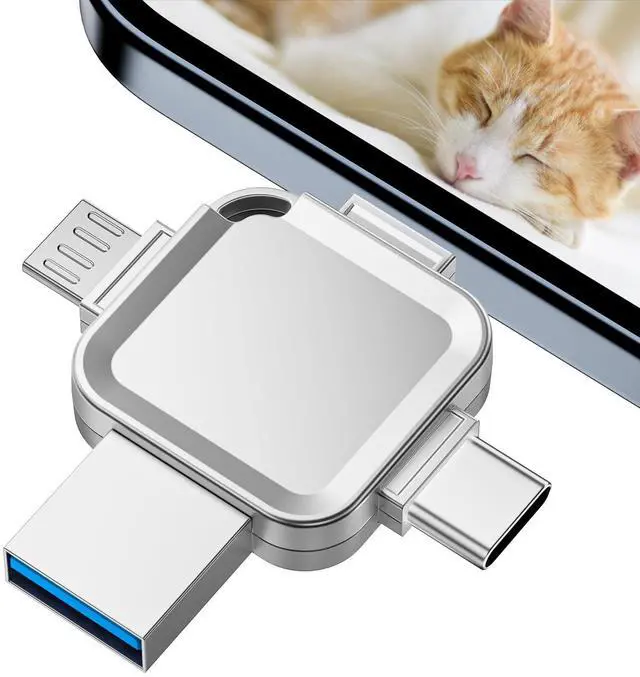 Main image of Flash Drive for Phone 256GB, 4 in 1 Photo Stick for Phone/Pad/Android/PC, Silver Memory Stick for Photos and Videos, USB/USB-C/Micro-USB/iOS Ports, Metal, No App Required