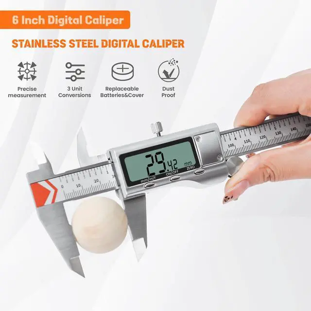 Alt view image 2 of 7 - 6" Digital Caliper, All-Metal Electronic Micrometer with Large LCD, Inch/Metric/Fraction Conversion, Precision Measuring Tool for Household & DIY (2 Batteries Included)