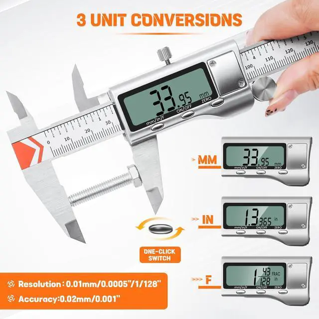 Alt view image 3 of 7 - 6" Digital Caliper, All-Metal Electronic Micrometer with Large LCD, Inch/Metric/Fraction Conversion, Precision Measuring Tool for Household & DIY (2 Batteries Included)