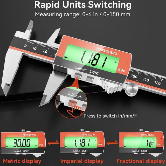 Alt view image 4 of 7 - Digital Caliper, Rechargeable 6 inch Vernier Caliper with Large LCD Screen Stainless Steel Electronic Measuring Tool with Fraction/Inch/Metric Conversions, Auto-Off Feature