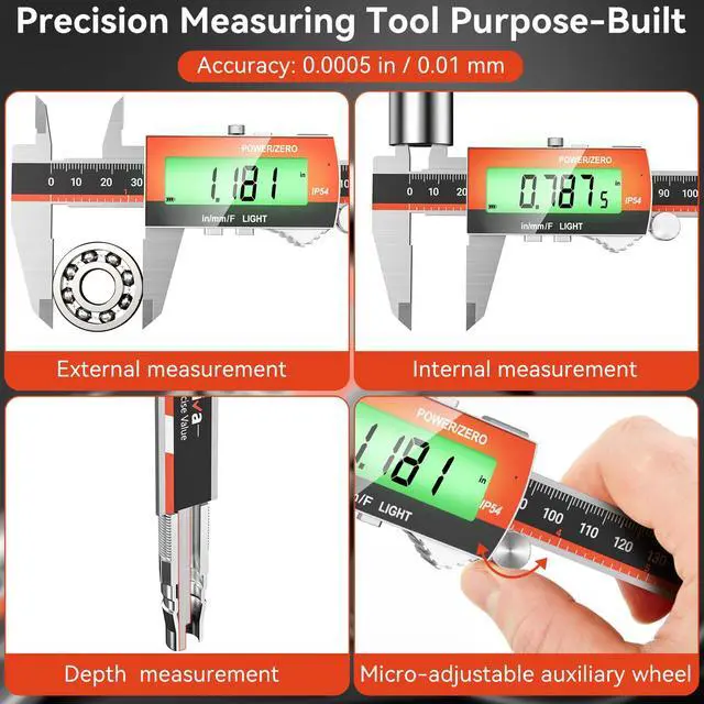 Alt view image 5 of 7 - Digital Caliper, Rechargeable 6 inch Vernier Caliper with Large LCD Screen Stainless Steel Electronic Measuring Tool with Fraction/Inch/Metric Conversions, Auto-Off Feature