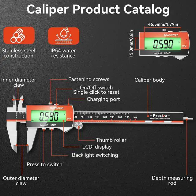 Alt view image 6 of 7 - Digital Caliper, Rechargeable 6 inch Vernier Caliper with Large LCD Screen Stainless Steel Electronic Measuring Tool with Fraction/Inch/Metric Conversions, Auto-Off Feature
