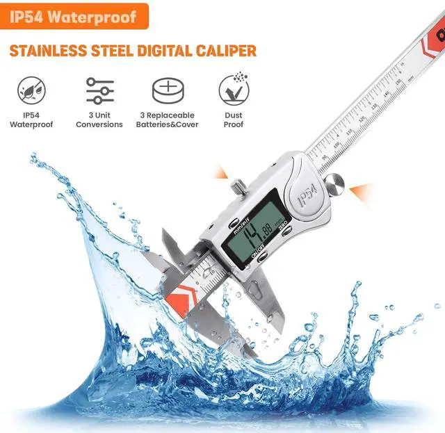 Alt view image 4 of 7 - Digital Caliper, IP54 Waterproof Caliper Measuring Tool with 3-Batteries & Extra Cover, All Stainless Steel Heavy-Duty Vernier Caliper Micrometer, Inch/MM/Fraction for DIY/3D-Printing
