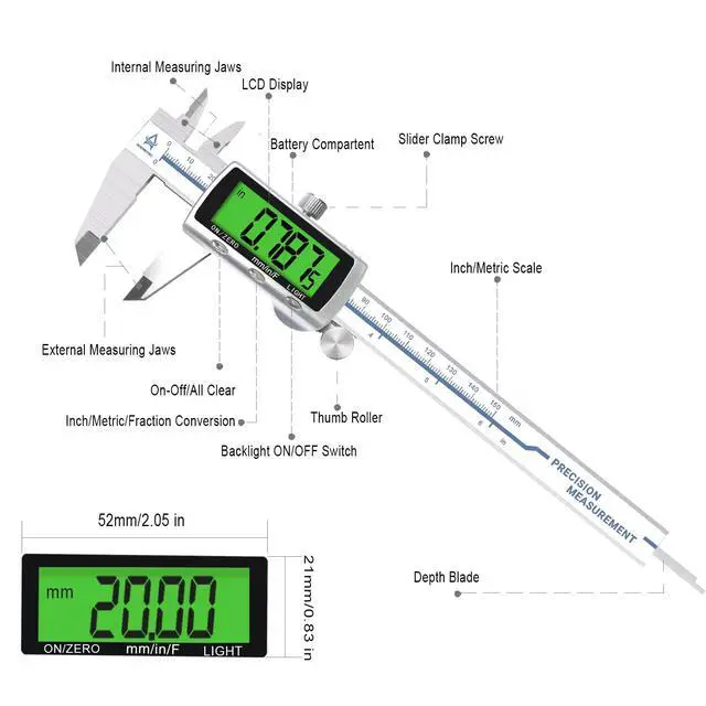 Alt view image 6 of 6 - Digital Caliper Electronic Measuring Tool,Digital Vernier Caliper Inch/Millimeter/Fraction Measurement Caliper for Jewelry-Metal Metric Measure Caliper for Engineer,LCD Screen Featured Backlight