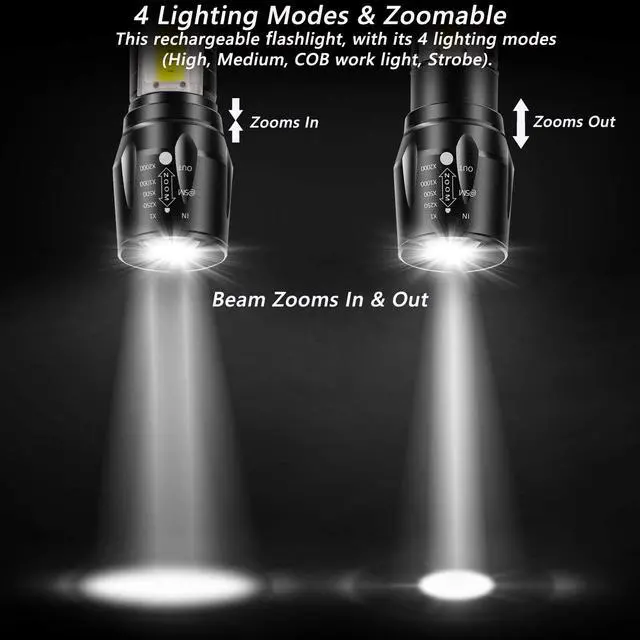 Alt view image 4 of 7 - CLEZGO Rechargeable Flashlights High Llumens LED-Mini USB Rechargeable Flashlight for Home 3 Modes Adjustable Focus Portable Waterproof Flashlight with COB Side Lights (1pack)