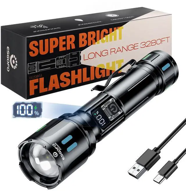 Main image of Rechargeable Flashlights High Lumens 100000, Single Click Button Design, Super Bright 30W LED, Long Lasting 15H, USB C Input & Output, LCD Power Display, 6.69 Length, for Camping Hiking Home