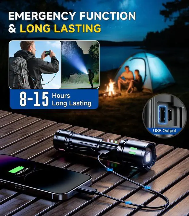 Alt view image 5 of 7 - Rechargeable Flashlights High Lumens 100000, Single Click Button Design, Super Bright 30W LED, Long Lasting 15H, USB C Input & Output, LCD Power Display, 6.69 Length, for Camping Hiking Home