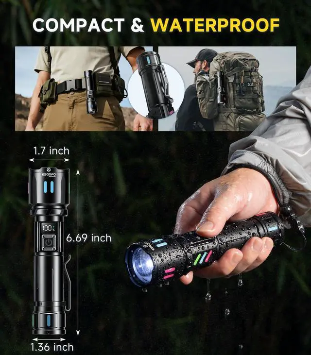 Alt view image 6 of 7 - Rechargeable Flashlights High Lumens 100000, Single Click Button Design, Super Bright 30W LED, Long Lasting 15H, USB C Input & Output, LCD Power Display, 6.69 Length, for Camping Hiking Home