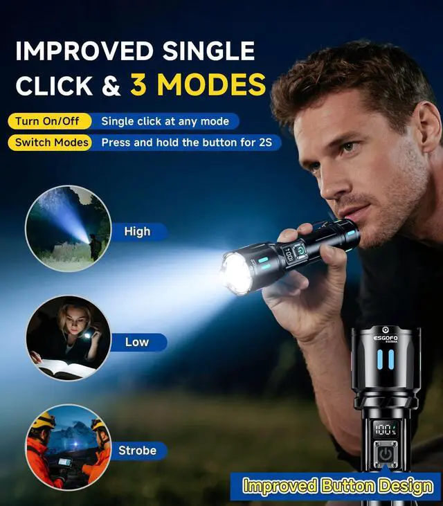 Alt view image 3 of 7 - Rechargeable Flashlights High Lumens 100000, Single Click Button Design, Super Bright 30W LED, Long Lasting 15H, USB C Input & Output, LCD Power Display, 6.69 Length, for Camping Hiking Home