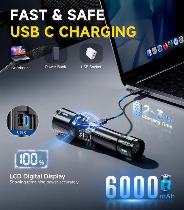 Alt view image 4 of 7 - Rechargeable Flashlights High Lumens 100000, Single Click Button Design, Super Bright 30W LED, Long Lasting 15H, USB C Input & Output, LCD Power Display, 6.69 Length, for Camping Hiking Home
