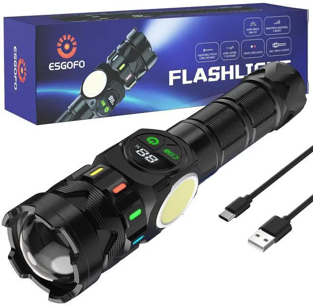 Main image of Rechargeable Flashlights High Lumens 100000 Long Lasting LCD Display, Super Bright 50W LED, Quick USB C Charge & Output, Double Source & Buttons with Red Light, for Home Camping Hiking