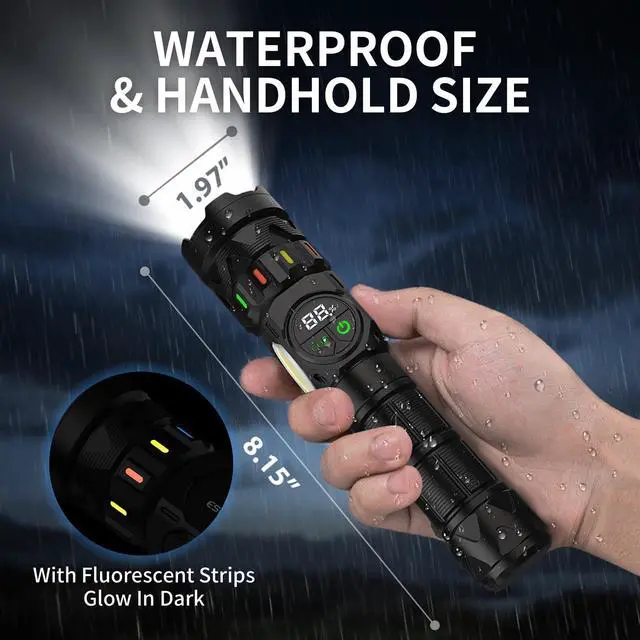 Alt view image 6 of 7 - Rechargeable Flashlights High Lumens 100000 Long Lasting LCD Display, Super Bright 50W LED, Quick USB C Charge & Output, Double Source & Buttons with Red Light, for Home Camping Hiking