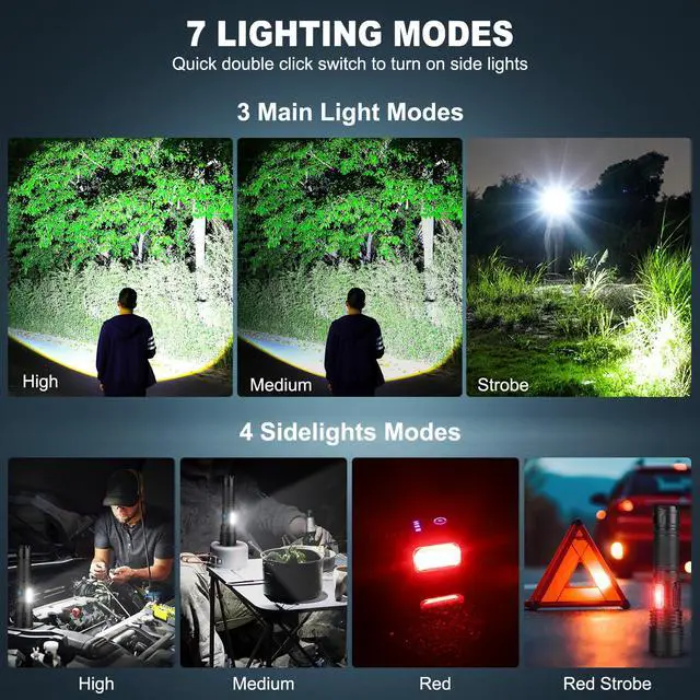 Alt view image 5 of 7 - Rechargeable LED Flashlights High Lumens 2 Pack, 90000 Lumen Super Bright Flashlight, 7 Modes with COB Work Light, IPX7 Waterproof Powerful Flash Light for Home, Camping, Emergencies