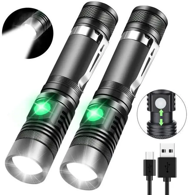 Main image of Rechargeable Flashlight, Pocket-Sized Torch with Super Bright High Lumens LED, Water Resistant, Zoomable, LED Tactical Flashlights with Clip, 4 Modes for Camping Hiking and Emergency(2 Pack)