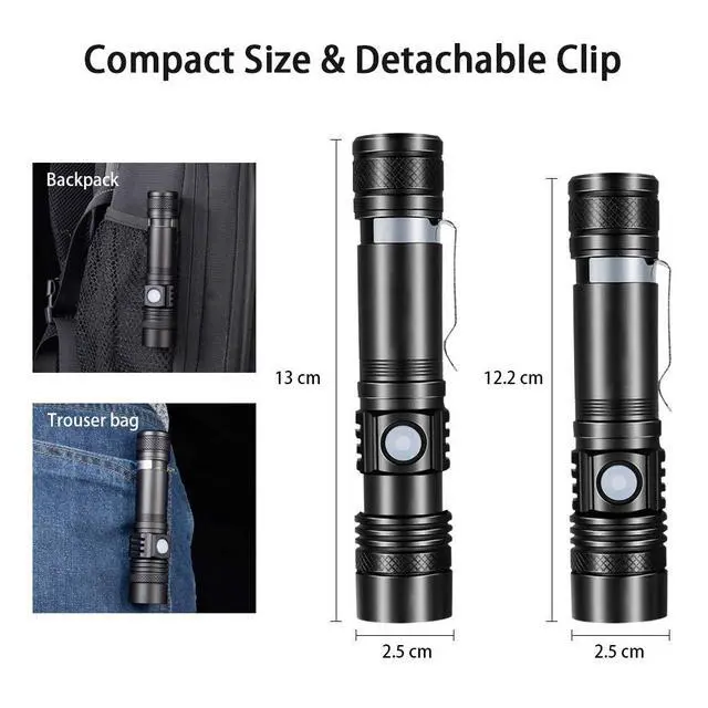 Alt view image 7 of 7 - Rechargeable Flashlight, Pocket-Sized Torch with Super Bright High Lumens LED, Water Resistant, Zoomable, LED Tactical Flashlights with Clip, 4 Modes for Camping Hiking and Emergency(2 Pack)