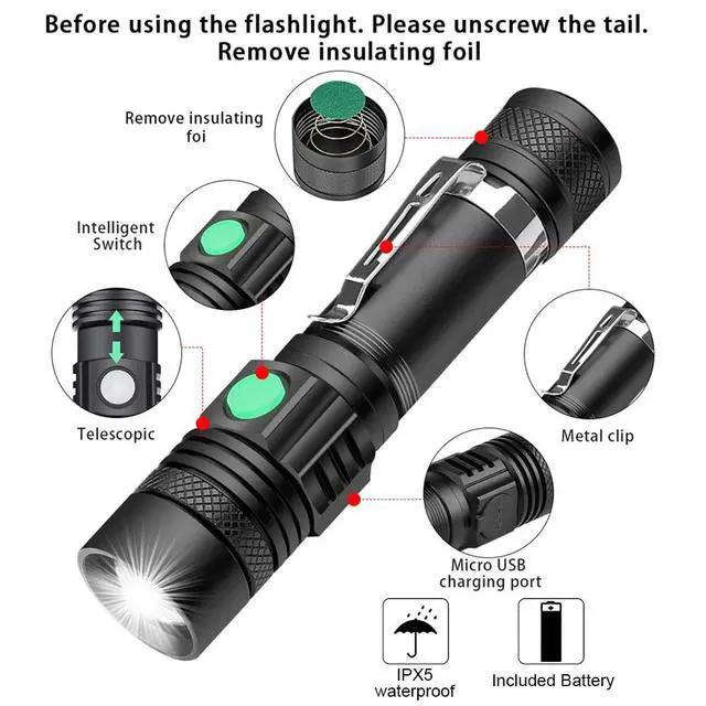 Alt view image 6 of 7 - Rechargeable Flashlight, Pocket-Sized Torch with Super Bright High Lumens LED, Water Resistant, Zoomable, LED Tactical Flashlights with Clip, 4 Modes for Camping Hiking and Emergency(2 Pack)