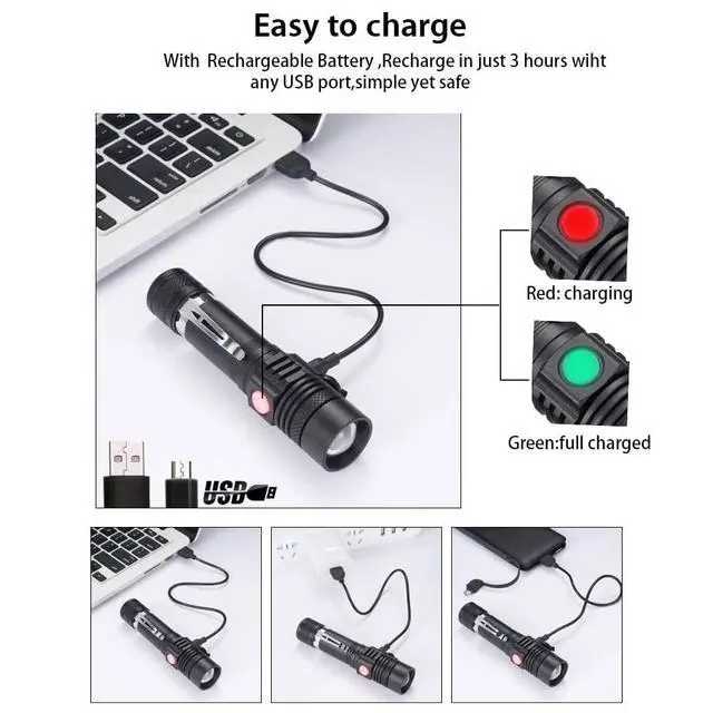 Alt view image 5 of 7 - Rechargeable Flashlight, Pocket-Sized Torch with Super Bright High Lumens LED, Water Resistant, Zoomable, LED Tactical Flashlights with Clip, 4 Modes for Camping Hiking and Emergency(2 Pack)