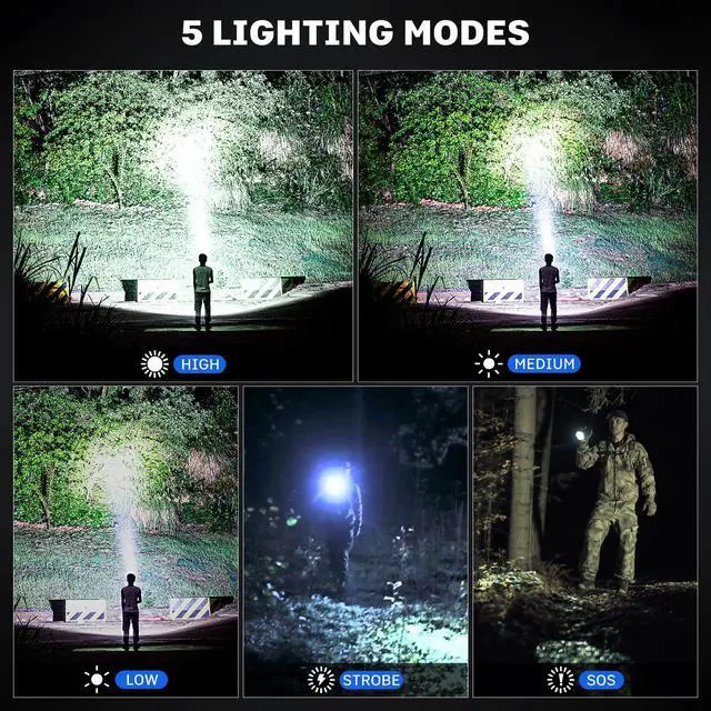 Alt view image 4 of 7 - Rechargeable Flashlights 99000 High Lumens, Super Bright LED Flashlight with 15H+ Runtime, 5 Modes IPX7 Waterproof Powerful Handheld Light for Power Outages, Camping, Gifts for Men 2 Pack