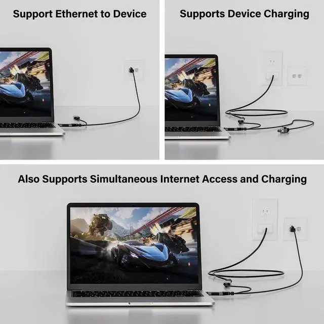 Alt view image 3 of 7 - USB C to Ethernet Cable 4 FT, Type C to RJ45 Cord with USB-C Female 65W PD Fast Charging, Internet and Charging Two in One, Gigabit LAN Network, Directly Connected, for Surfing Internet and Charging