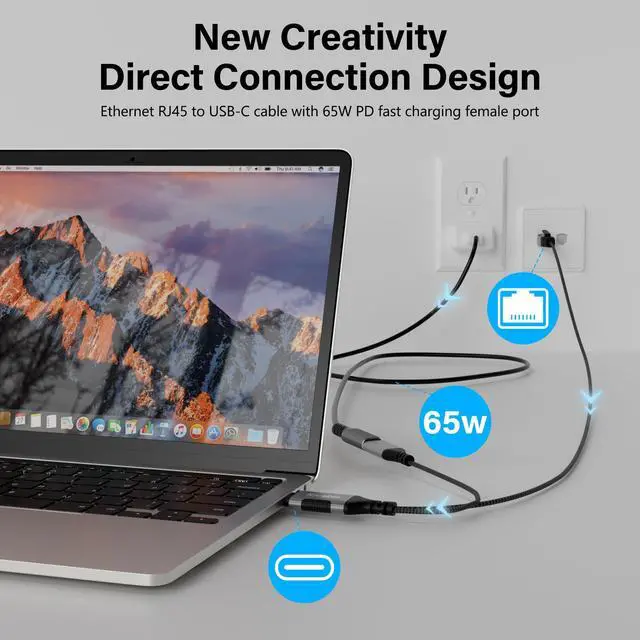 Alt view image 2 of 7 - USB C to Ethernet Cable 4 FT, Type C to RJ45 Cord with USB-C Female 65W PD Fast Charging, Internet and Charging Two in One, Gigabit LAN Network, Directly Connected, for Surfing Internet and Charging