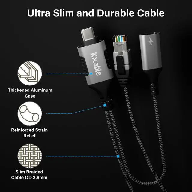 Alt view image 5 of 7 - USB C to Ethernet Cable 4 FT, Type C to RJ45 Cord with USB-C Female 65W PD Fast Charging, Internet and Charging Two in One, Gigabit LAN Network, Directly Connected, for Surfing Internet and Charging