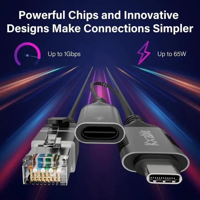 Alt view image 4 of 7 - USB C to Ethernet Cable 4 FT, Type C to RJ45 Cord with USB-C Female 65W PD Fast Charging, Internet and Charging Two in One, Gigabit LAN Network, Directly Connected, for Surfing Internet and Charging