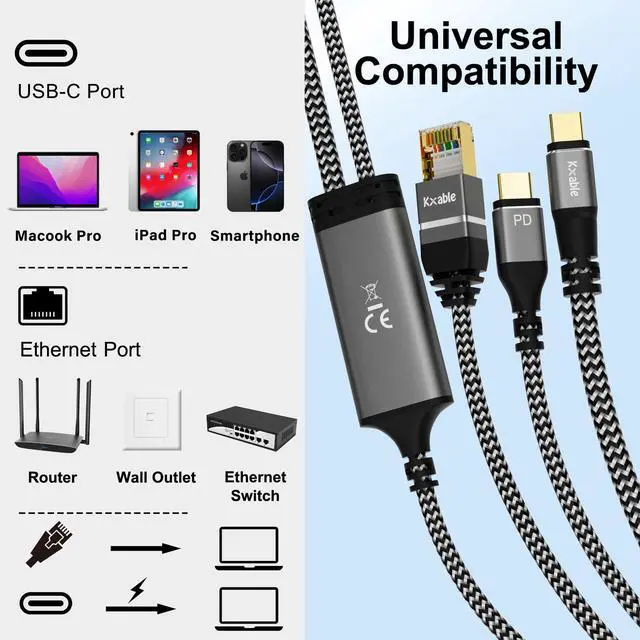Alt view image 7 of 7 - USB C to Ethernet Cable 6 FT, Type C to RJ45 Cord with USB-C Male 100W PD Fast Charging (PD Next to USB-C Port), Ethernet and Charging Two in One, Gigabit, for MacBook Surfing Internet and Charging
