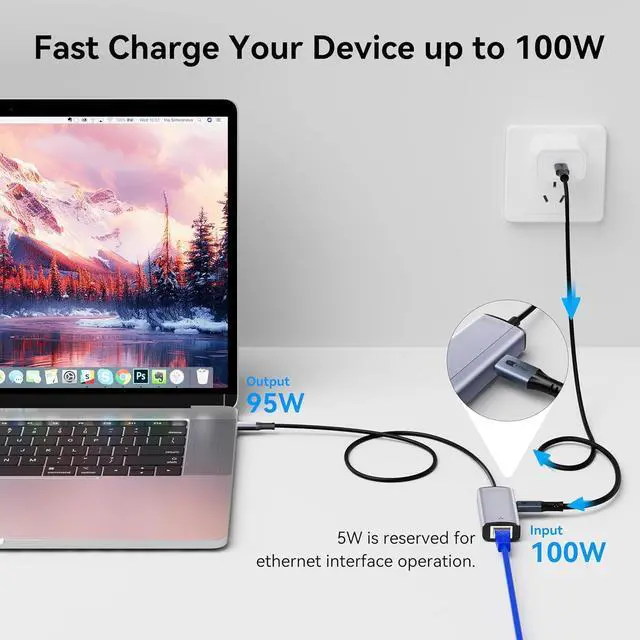 Alt view image 3 of 7 - 2 in 1 USB C to Ethernet Adapter with 100W PD Charging, Type-C to RJ45 Gigabit LAN Adapter for MacBook Pro/Dell XPS/iPad Pro/Surface/Chromebook