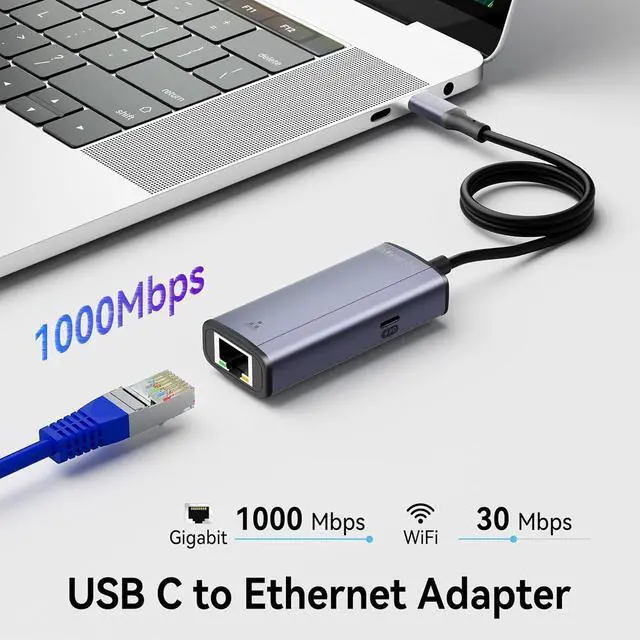 Alt view image 4 of 7 - 2 in 1 USB C to Ethernet Adapter with 100W PD Charging, Type-C to RJ45 Gigabit LAN Adapter for MacBook Pro/Dell XPS/iPad Pro/Surface/Chromebook