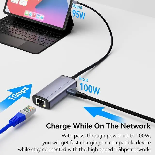 Alt view image 2 of 7 - 2 in 1 USB C to Ethernet Adapter with 100W PD Charging, Type-C to RJ45 Gigabit LAN Adapter for MacBook Pro/Dell XPS/iPad Pro/Surface/Chromebook