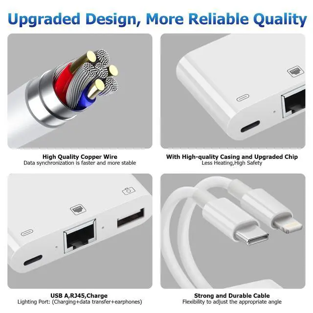 Alt view image 7 of 7 - 2 in 1 Lightning and Type C to RJ45 Ethernet Adapter Network Adapter, with Charge Port and USB Port Support USB Flash Drive/Keyboard/Mouse/Came, Plug and Play,Supports 100Mbps Ethernet Network