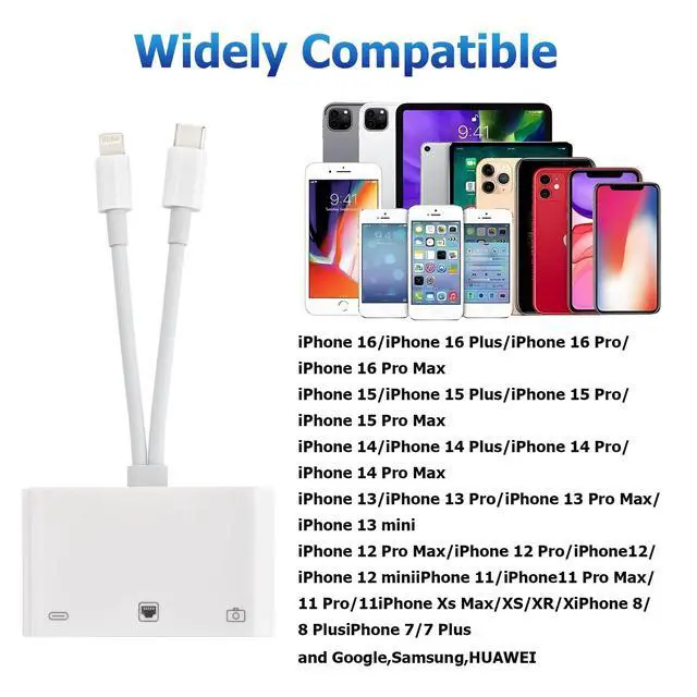 Alt view image 5 of 7 - 2 in 1 Lightning and Type C to RJ45 Ethernet Adapter Network Adapter, with Charge Port and USB Port Support USB Flash Drive/Keyboard/Mouse/Came, Plug and Play,Supports 100Mbps Ethernet Network