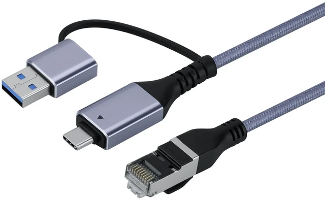 Main image of 2 in 1 USB C to Ethernet Cable 6.6ft, RJ45 Gigabit LAN for Laptop | USB to Ethernet Cable with Nylon Braid and Aluminum Housing, No Drivers Needed, Data Only, for MacBook and for iPad