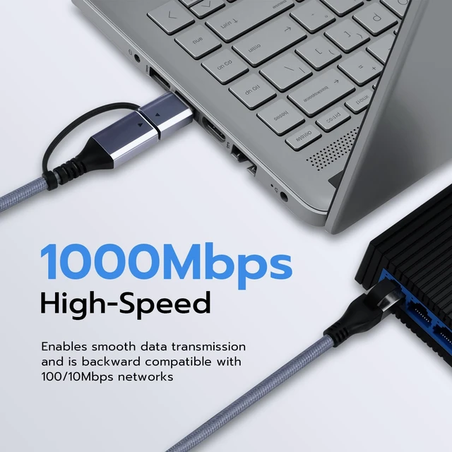 Alt view image 4 of 7 - 2 in 1 USB C to Ethernet Cable 6.6ft, RJ45 Gigabit LAN for Laptop | USB to Ethernet Cable with Nylon Braid and Aluminum Housing, No Drivers Needed, Data Only, for MacBook and for iPad