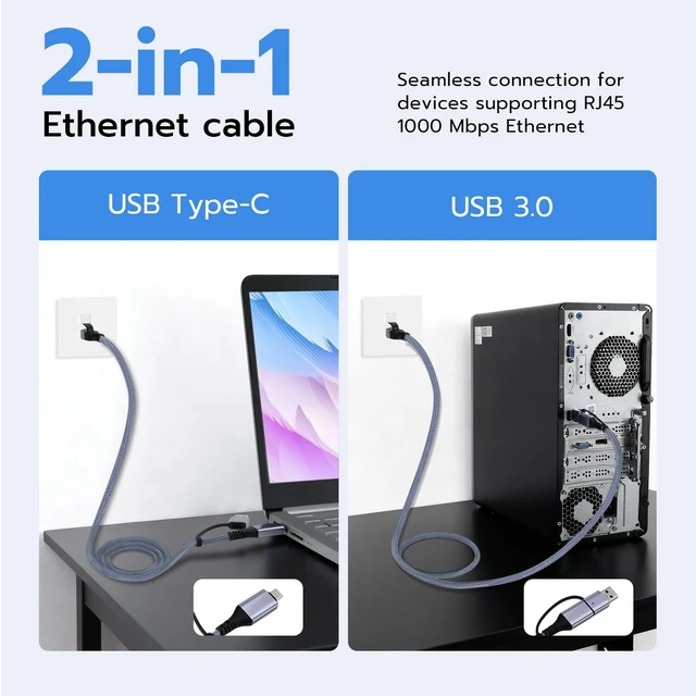 Alt view image 3 of 7 - 2 in 1 USB C to Ethernet Cable 6.6ft, RJ45 Gigabit LAN for Laptop | USB to Ethernet Cable with Nylon Braid and Aluminum Housing, No Drivers Needed, Data Only, for MacBook and for iPad